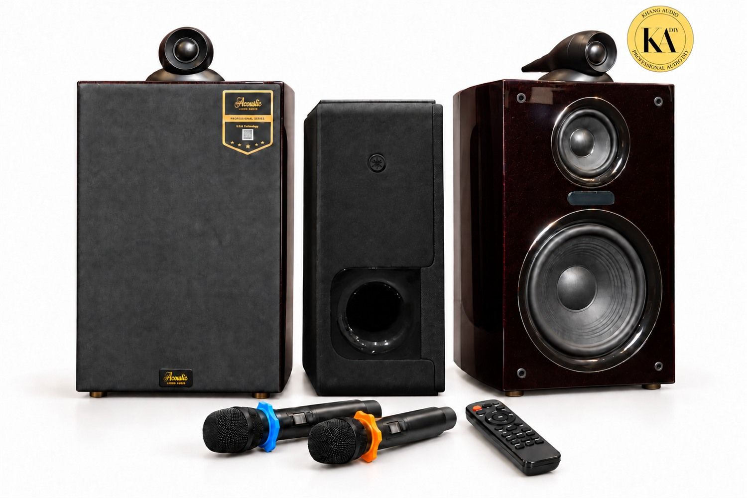 Ảnh minh họa bộ loa Acoustic A28-G v&agrave; sub điện Yamaha, k&egrave;m hai micro kh&ocirc;ng d&acirc;y v&agrave; điều khiển