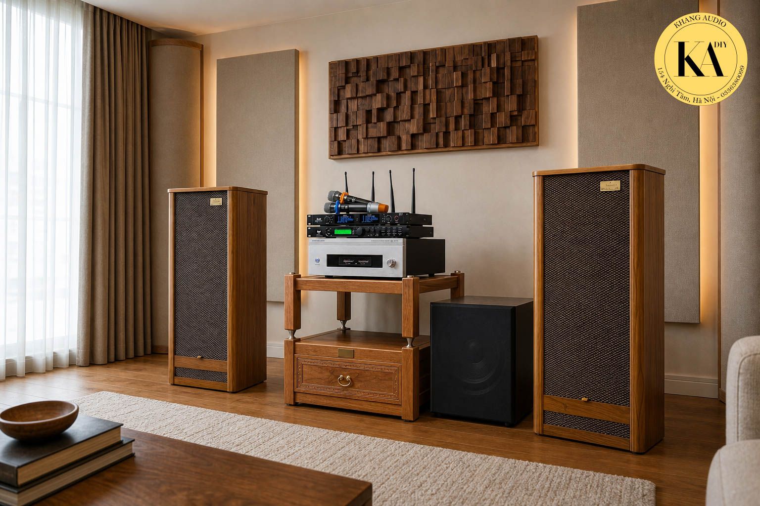 Bộ âm thanh T54 nhìn chéo trong phòng khách, loa F30 hai bên kệ thiết bị