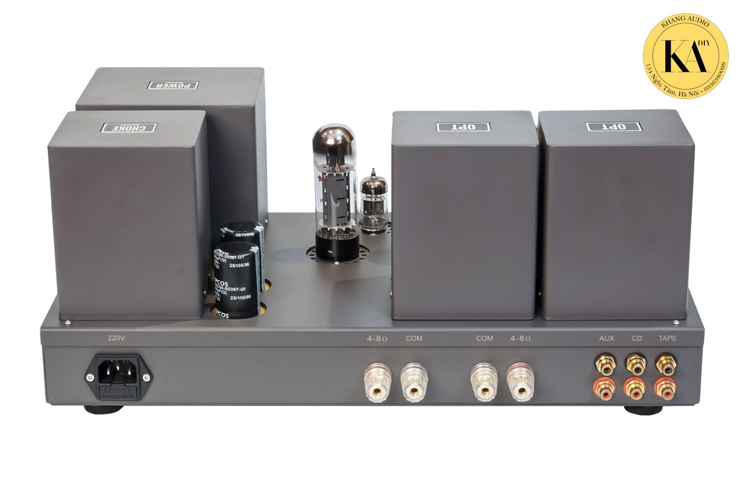 Mặt sau amply EL34 Push Pull Xám: cổng nguồn, cọc loa COM và 4–8 ohm, ba cặp RCA AUX CD TAPE