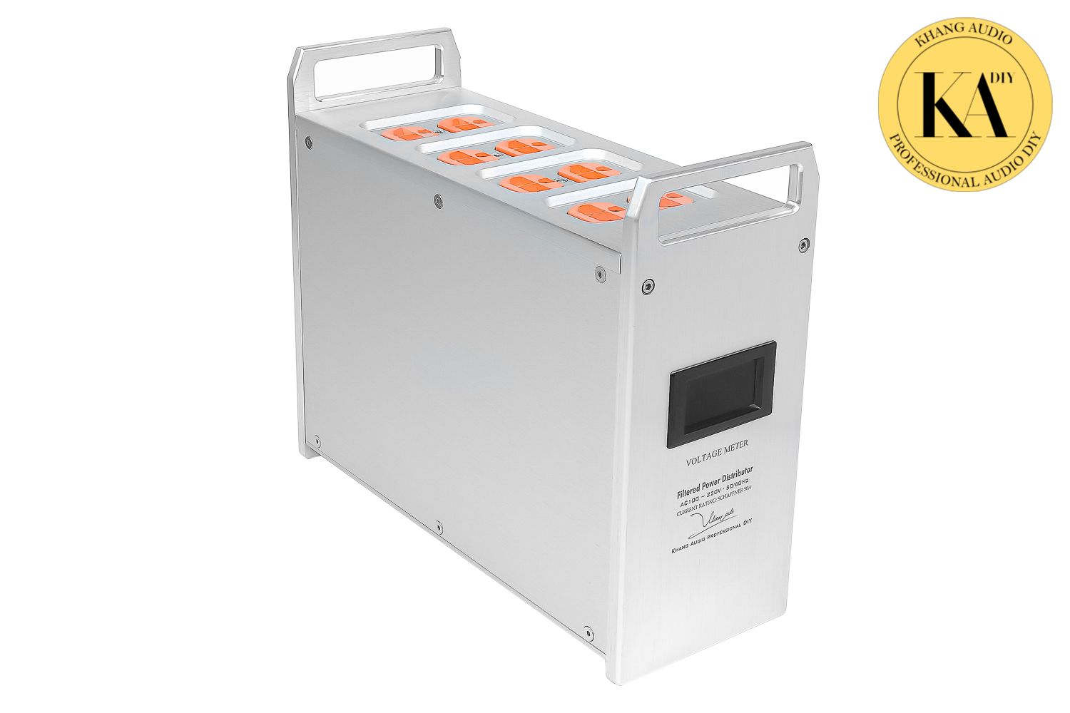 Lọc điện Schaffner 50A nhìn nghiêng, ổ cắm màu cam