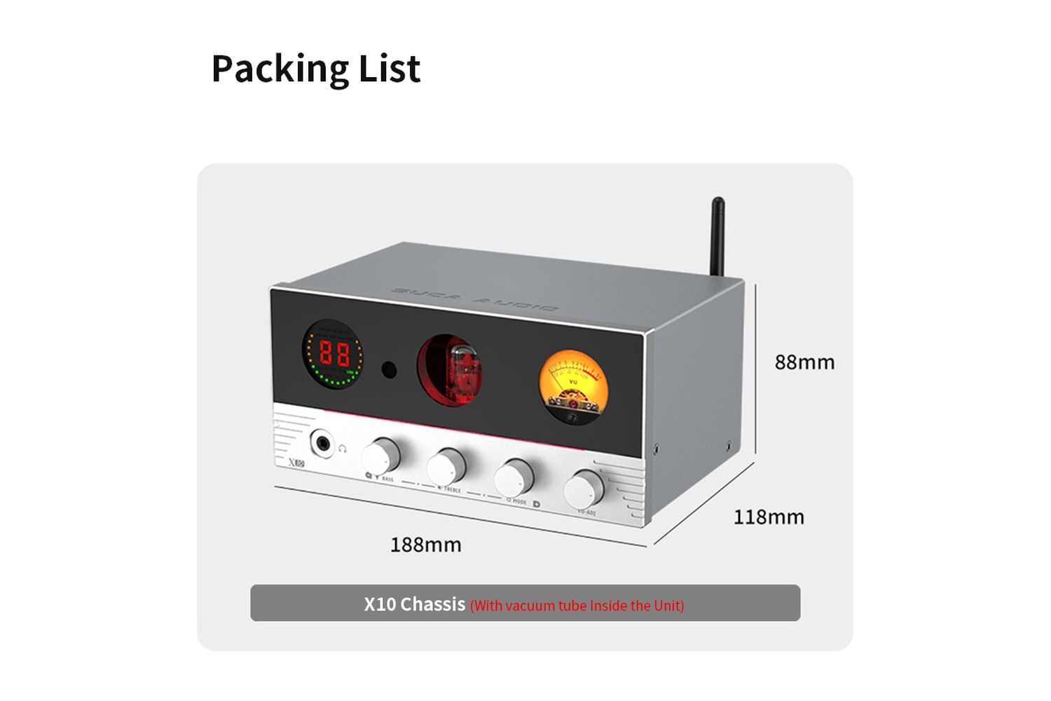 K&iacute;ch thước Amply Suca Audio X10 rộng 188 cao 88 s&acirc;u 118 mm